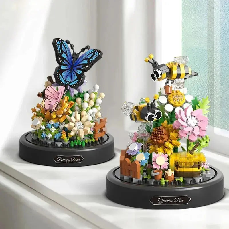 Bee Butterfly Flower Bonsai Building Blocks Insect Plant Potted Model Bricks with Dust Cover Children'S DIY Toy Birthday Gift