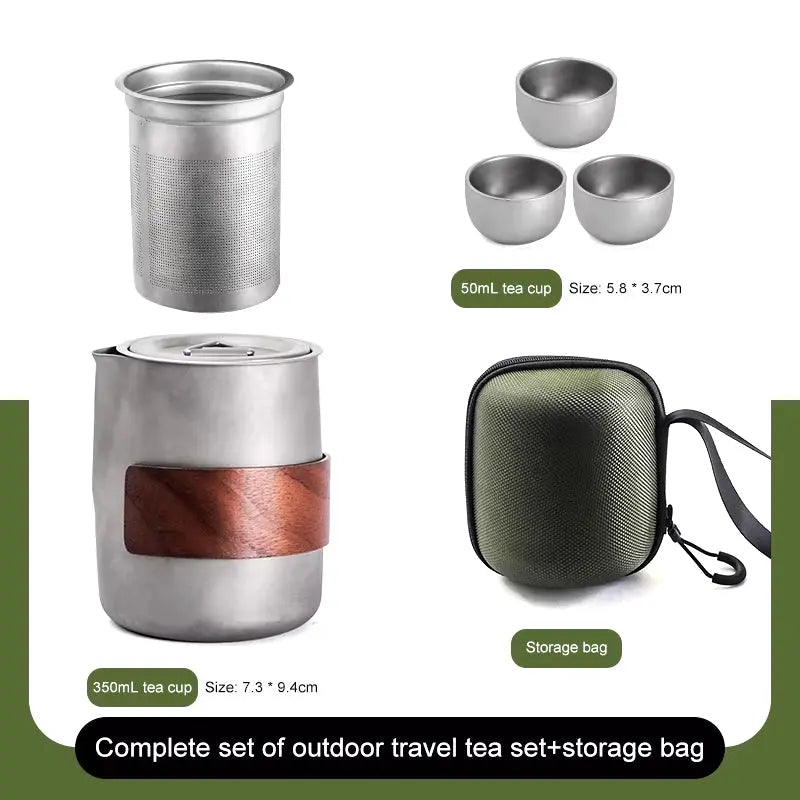 Lightweight Titanium Alloy Travel Tea Set with Built-In Strainer and Storage Bag