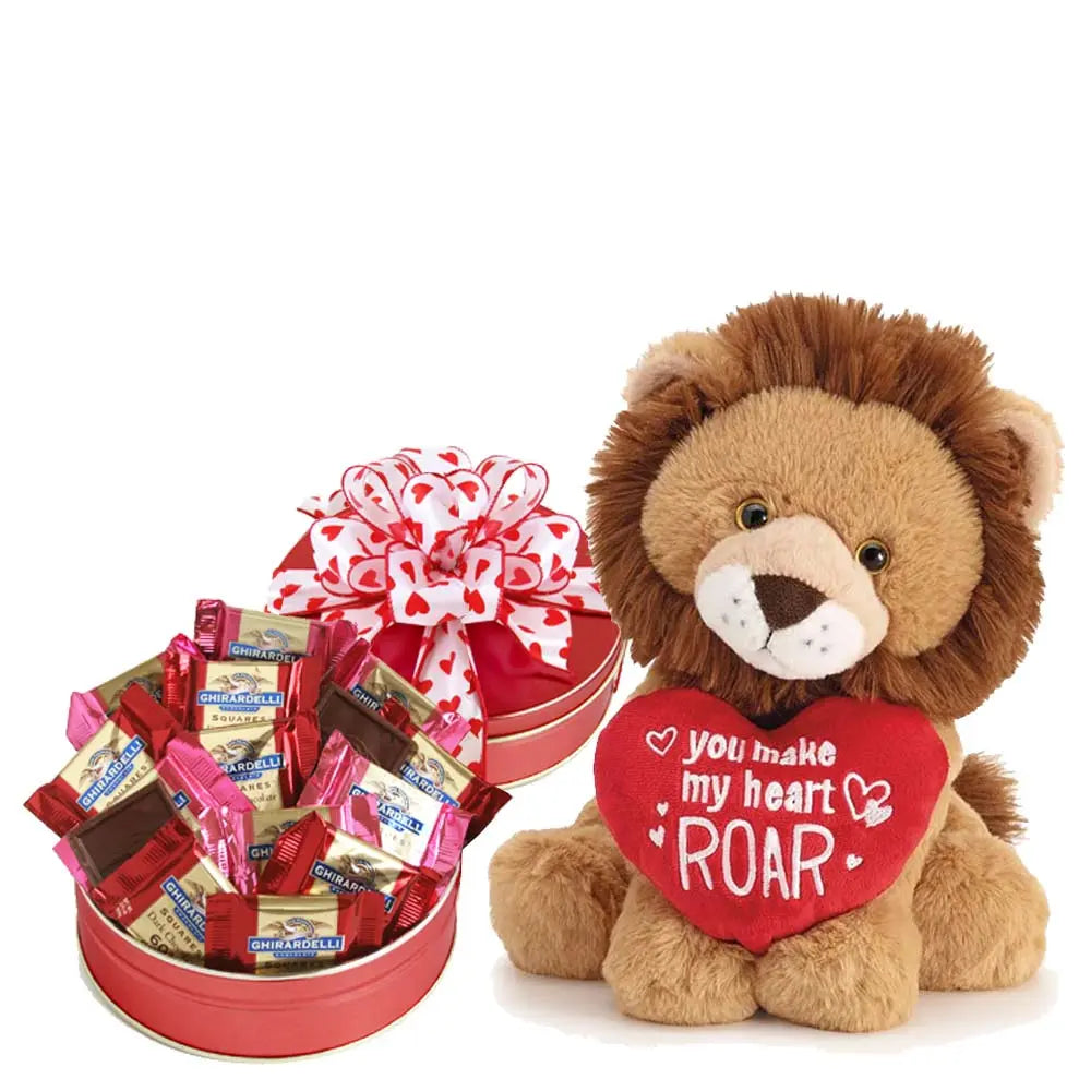 You Make My Heart Roar Plush Lion Valentine Gift with chocolates